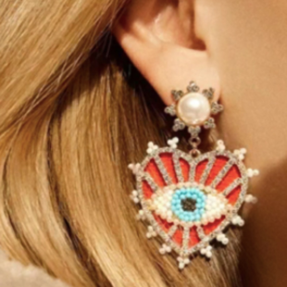 NEW ZARA Gemstone EARRINGS GOLD DANGLING evil eye red hamsa crystal heart shape